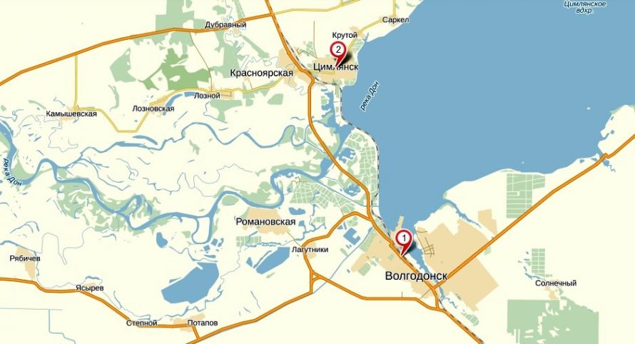 Автовокзал Волгодонска на карте обозначен цифрой 1, аэропорт - цифрой 2. Расстояние около 18 км. Билеты на автобус онлайн в Рос Билет ру.
