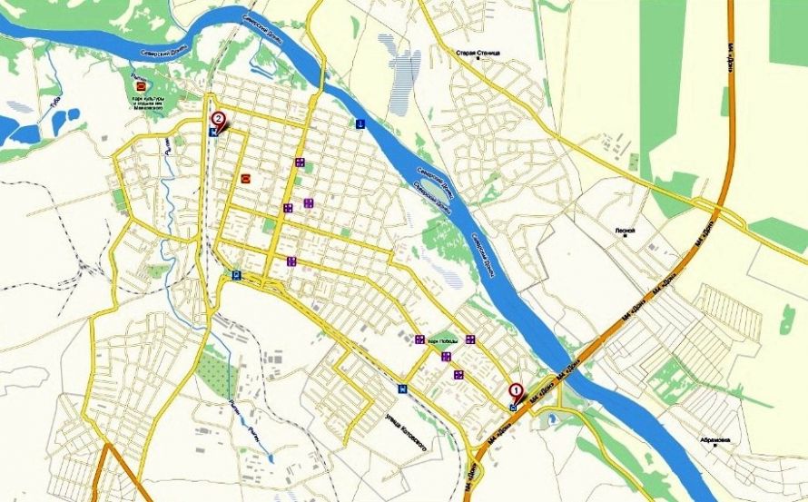 Карта г. Каменск Шахтинска с расположением автовокзалов метка 1 и железнодорожного вокзала Каменская метка 2. Билеты на Рос-Билет ру