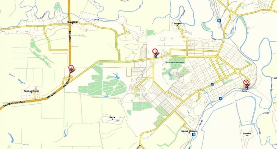 Карта Новочеркасска с отметками 1автовокзал, 2 остановка автобусов на трассе М 4 Дон, 3 ЖД вокзал. Рос Билет ру электронные билеты на автобус