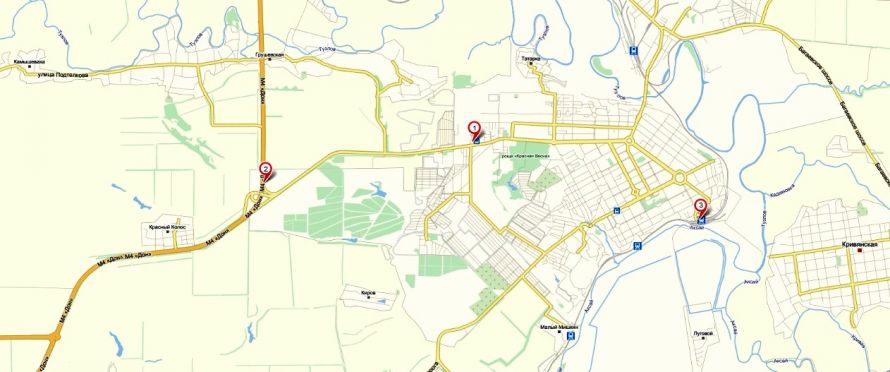 Карта НОвочеркасска с отметками 1автовокзал, 2 остановка автобусов на трассе М 4 Дон, 3 ЖД вокзал. Рос Билет ру электронные билеты на автобус