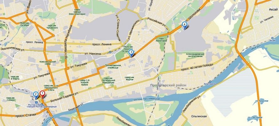 Карта Ростова-на-Дону с расположением Главного автовокзала, старого автовоказа, жд вокзала и аэропорта от Рос-Билет ру с которых отправляются автобусы на Москву