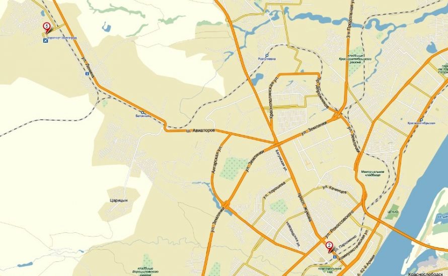 Карта Волгограда где метка № 2 площадь жд вокзала, а метка № 5 - аэропорт. Он лайн билеты на автобус всегда выгодно покупать в Рос-Билет ру.